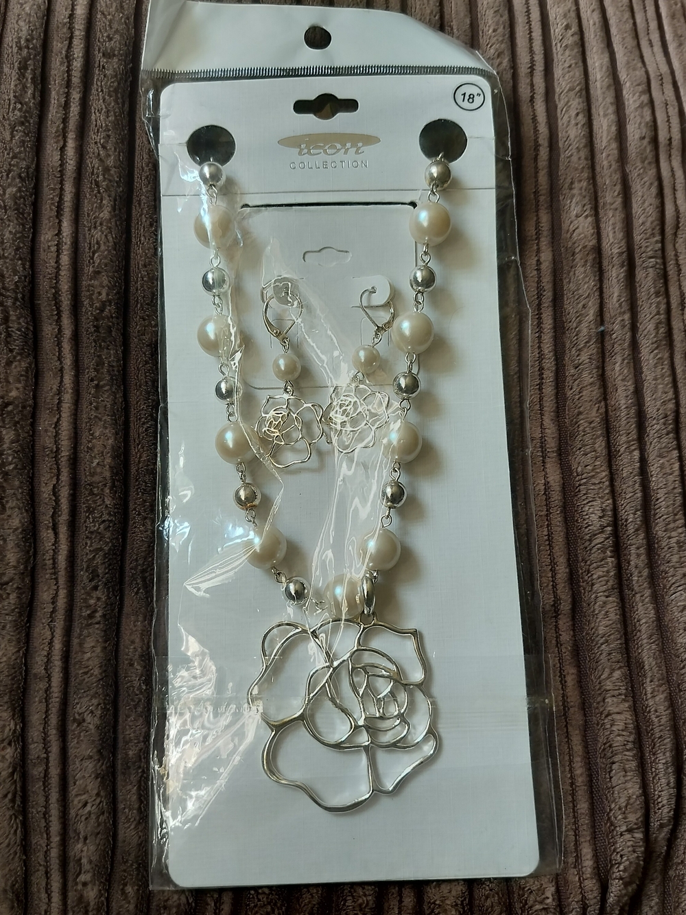 Icon Faux Pearl & Silvertone Rose Pendant 18 In. Necklace & Earrings Set